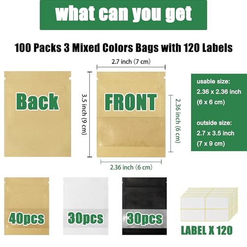 MITOB 100 peças, janela transparente de 3 cores, pacotes pequenos que podem ser fechados com 120 eti