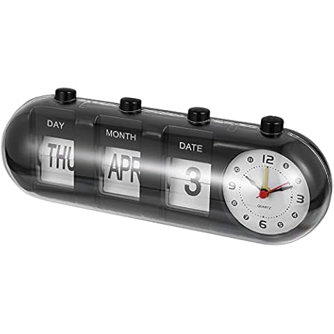 Veemoon Black Desk Silent Alarm Clock, ABS Manual Flip Standing Academic Desktop Calendar, with Clear Time Date Display for Bedroom Room, Adjustable Date Vintage Decor Cover