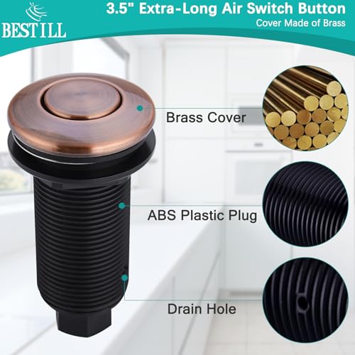 BESTILL Sink Top Garbage Disposal Air Switch Kit with Single Outlet, UL Listed, Antique Copper 3.6" Long Push Button with Brass Cover