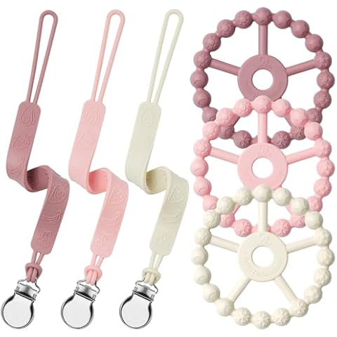 Silicone Ring Teether and Pacifier Clip, Seposeve Pack of 3 Baby Pacifier Teether Clip for Babies 0-6 Months, Teething Ring Toys, Keeps Teethers Clean, 6-12 Months 12-24 Months, Purple Pink White Cover