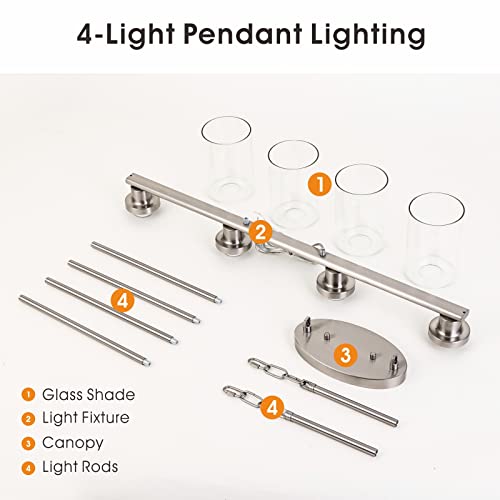 Kpiok Kitchen Island Lighting, 4-Light Dining Room Light Fixtures Over Table,Pendant Lighting For Kitchen Island For Brushed Nickel Finish With Clear Glass Shade #TOP6