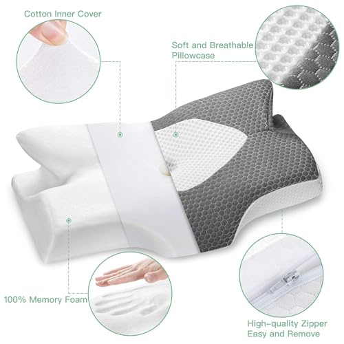 Elviros Cervical Memory Foam Pillow for Neck Pain Orthopedic Neck Pillow for Shoulder Pain Ergonomic Head Neck Support Pillow for Side/Back/Stomach Sleepers with Removable Cover (Dark Grey) - Image 5