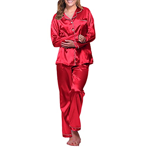 Damen Seiden-Satin Pyjamas Set Lang Schlafanzug Zweiteilige Pj-Sets Nachtwäsche Loungewear Button-Down Damenschlafanzug Cover