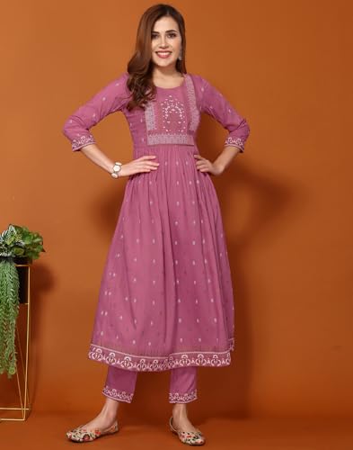 Image of SKYLEE Women's Printed & Gota Lace Cotton Silk Anarkali Kurta Set with Dupatta