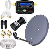 HB-DIGITAL Sat-Komplett-Set: Mini Sat Anlage 40cm Schüssel Anthrazit + LNB 0,1 dB + 10m Kabel + SAT-Finder Digitale Anzeige, vergoldete Anschlüsse + Fensterdurchfürung Weiß + F-Stecker + Gummitülle