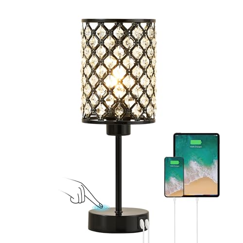GyroVu Moderne Tischlampe & Nachttischlampe, Dimmbare Kristallschirm Touch-Lampe mit USB A+C Ports, Schwarz Kleine Beleuchtung für Wohnzimmer & Schlafzimmer (Buld Enthalten)