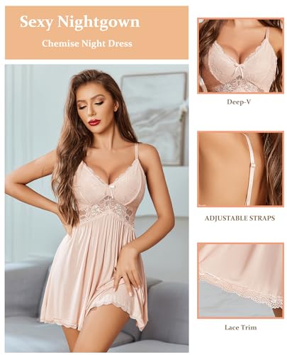Image of Avidlove Women Chemise Night Gown Lace Modal Sleepwear V-Neck Full Slip Babydoll Lingerie Sexy Nightgowns