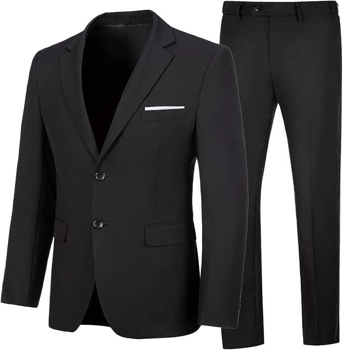 Men's 2-Piece Slim Fit Suit Set, Classic Black Business Formal Wear, Two Button Blazer with Pants