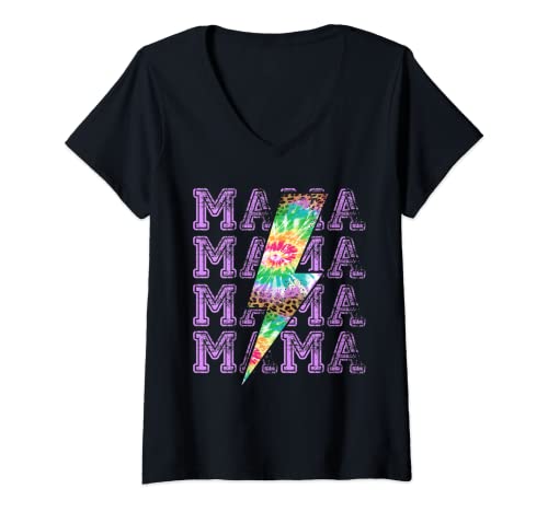 Womens Mama Lightning Bolt Tie Dye and Leopard Design Mother's Day V-Neck T-Shirt