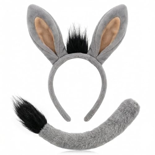 FeiatPogra Donkey Costume Set 2Pcs Grey Donkey Ears Headband and Tail with Clip Donkey Animal Fancy Dress Outfit Accessories for Halloween Cosplay Carnival Theme Party Kids Adults