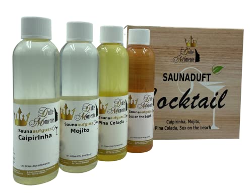 Cocktailduft 4 x 250ml Saunaaufguss Konzentrat - Caipirinha, Mojito, Pina Colada, Sex on the beach - Holen Sie sich karibischen Flair in die Sauna - Premiumaufguss in attraktiver Umverpackung Cover