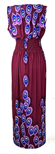 Image of Plum Feathers Casual Smocked Dress, Exotic Print Maxi /Midi Dress, V Neck, Plus & Regular Sizes, Maternity /Nursing Dresses