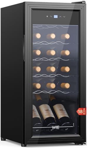 WIE Vinoteca, 18 Botellas Nevera Vinos, 53L Vinoteca Pequeña, Protección UV, Control Táctil, Iluminación LED, 5-18°C, para Vino Tinto, Vino Blanco, Cerveza, Bar Interior/Cocina/Hotel