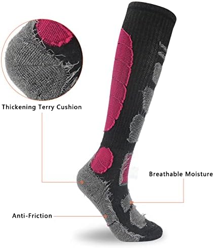 Merino Wool Knee High Thermal Ski Socks for Women Men 4-9, Mens Womens Long Thick Winter Warm Black Football Sports Socks Anti Blister Cushioned Snowboarding Mountaineering Hiking Boot Socks 2 Pairs