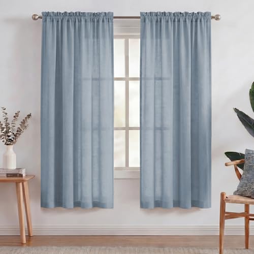 Turquoize Semi Sheer Curtains for Living Room Linen Textured Drapes for Bedroom, Rod Pocket Privacy Window Treatment Panels Natural Linen Blended Sheer Curtains 72 Long, Set of 2 Panels, Denim