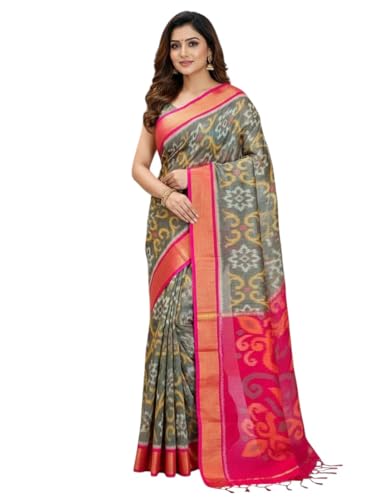 Image of AYYAPPASILK Women's Exclusive Ikkat Silk Saree for Designer Border with Contrast Blouse