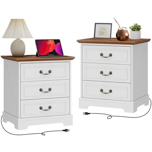 HOPUBUY 22" Farmhouse Nightstand Set of 2 with Charging Station, Wood Night Stand with Antique Handles, 3 Drawer Night Stand Tall Nightstand for Bedroom, Off White and Brown Top