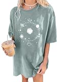 Picture of Remidoo Women's Short Sleeve Sun and Moon Shirt Graphic Tee Oversized Tshirt Loose Top Green Small
