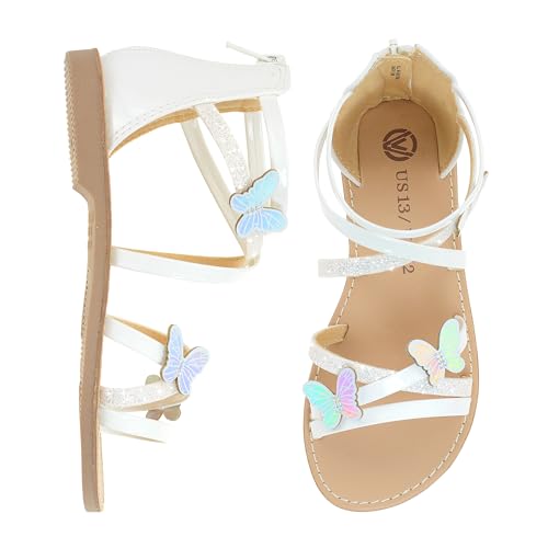 Vonair Girls Sandals Open Toe Kids Summer Flat Sandals with Zipper Fashion Dress Flower Shoes for Wedding Party White US 4