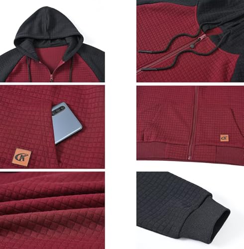 Satankud Men's Jacquard PlaidCloth Raglan Sleeve Zipper Hoodie Sweatshirt Burgundy/Black Large — view 4