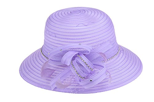 DANTIYA Women's Bowler Church Cloche Hat Bling Bing Organza Bridal Dress Cap (Purple, One Size)