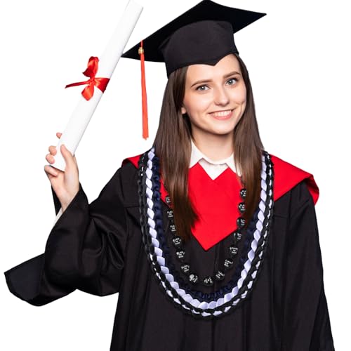 Junkin 2 Pcs Graduation Leis Class of 2026, 47 Inch Double Braided Ribbon Lei & 35 Inch Kukui Nut Necklace, Hawaiian Jewelry for Graduation Ceremony Party Gifts(Navy Blue, Black, White) by Junkin - Image 6