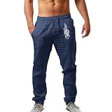 Mens Fashion Casual Printed Linen Pocket Lace Up Pants Large Size Pants Cargo Hosen Jungs