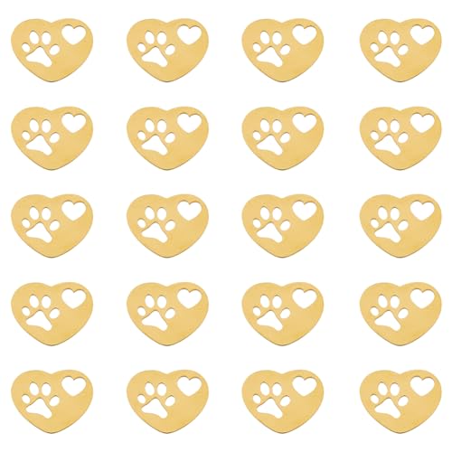 DICOSMETIC 20Piece Heart Charms Golden Heart and Dog Footprint Pendants Small Heart Link Charms Pet Print Charms Stainless Steel Pendant for Jewelry Making, Hole: 1.6mm