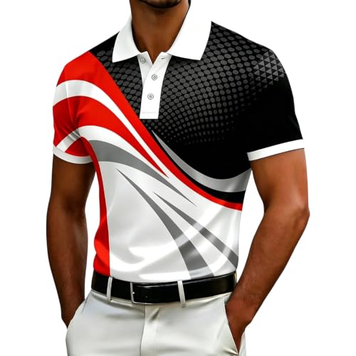 Image of Cocila Polo Shirts for Men UK Golf Print T Shirts Summer Short Sleeve Regular Casual Mens Tops Work Running Breathable Shirt Red 5XL