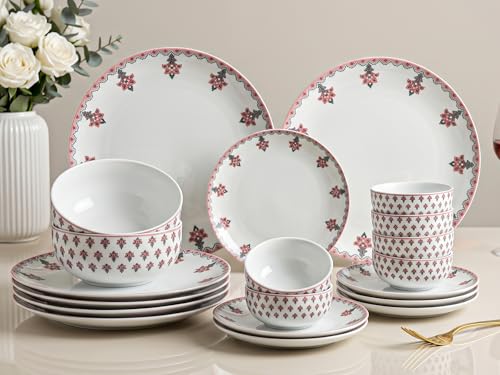Image of Bodhi House Premium Porcelain Dinner Set 20 Pieces Serving for 6 | Pink Blossom Floral Design | Microwave & Dishwasher Safe | Crockery Set | Dinnerware Set for Home, Dining, Kitchen & Gifting
