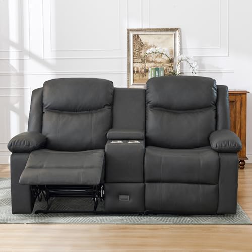 CALIVIA Manual Reclining Loveseat with Massage and Heat, Double Recliner Sofa with Center Console, Cup Holders & Storage for Living Room, RV (Grey)