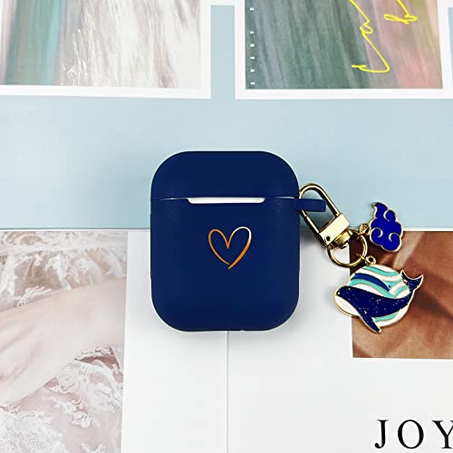 Aiiekz Compatible With Airpods Case Cover, Soft Silicone Case With Gold Heart Pattern For Airpods 2&1 Generation Case With Pendant Keychain For Girls Women (Midnight Blue) #TOP4
