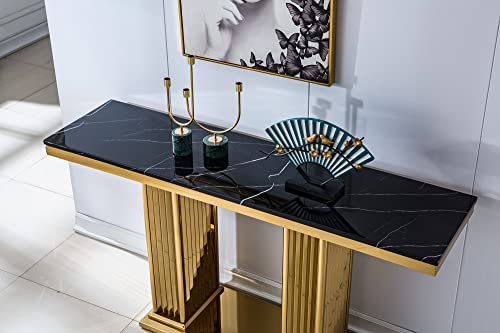 Yoluckea Contemporary Style Console Table With Marble Top And Stainless Steel Base, Gold Mirrored Finish Accent Sofa Table Entryway Hallway Table Foyer Table For Living Room, Entrance (Black) #TOP2
