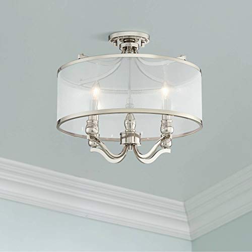 Possini Euro Design Nor Vintage Ceiling Light Semi Flush-Mount Fixture 18" Wide Polished Nickel 4-Light Silver Organza Drum Shade For Bedroom Kitchen Living Room Hallway Dining Bathroom House #TOP27