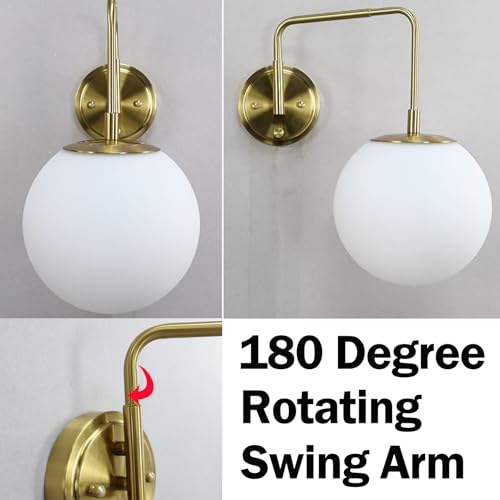 DAYCENT Gold Plug in Wall Sconce with Milk Glass Shade Globe Sconces Wall Lighting Modern 1-Light Brass Swing Arm Wall Light Fixture for Hallway Bathroom Bedroom, On/Off Switch by DAYCENT - Image 7