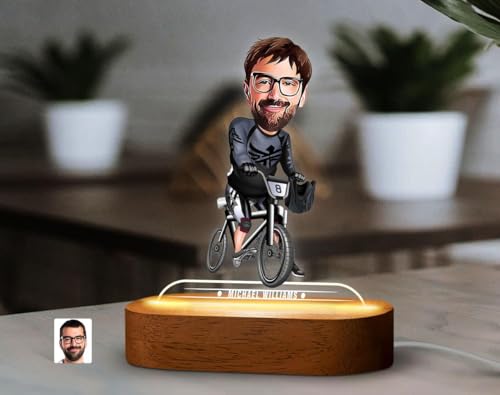 Image of THE GRANDEUR Caricature Gift for Men, Custom LED Bicycle Rider Cartoon Lamp for Him - Personalized Cycling Figurine, Birthday Gift for Men, USB Night Light Decor, (15 x 6 cm)