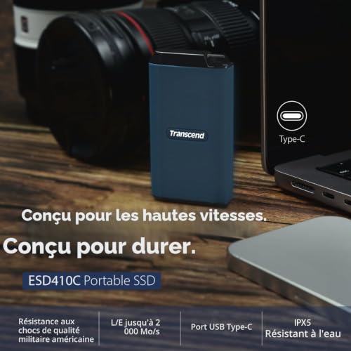 Transcend 2To ESD410 SSD portableC, 2 000 Mo/s, USB 3.2 Gen2x2, étanche | SSD externe de poche, USB 3.2 Gen 2, compatible Apple 4K 60 ips ProRes pour iPhone 17, 16 et 15 pouces, iPad, Mac et Android.