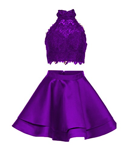 Satin Lace Halter Short Prom Dress Two Pieces Homecoming Dresses (US2, Purple)