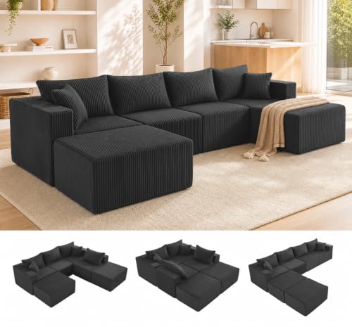 Weture 121''Modular Sectional Sofa with 2 Ottoman, Boneless couches for Living Room Furniture,Comfort U Shaped Sofa， Deep Seat Corner Couch，No Assembly Required（Black，Corduroy）
