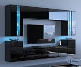 Furnitech Ensemble Meuble TV Mural Suspendu Salon – Meuble Salon Design Moderne avec Colonnes - Vitrines et Rangements – Mobilier avec Eclairage LED Blanc (24/HG/B/1 1B Grand)