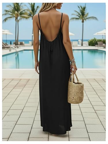 Image of SHENHE Women's Open Back Spaghetti Strap Beach Maxi Dress Loose Flowy Vacation Sundress