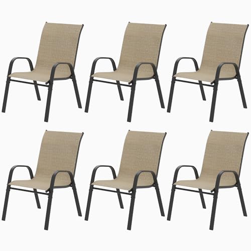 VaJouer Patio Chairs Set of 6, Outdoor Stackable Dining Chairs for All Weather, Breathable Outdoor Furniture for Backyard Deck Garden Lawn, Brown