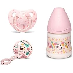 Suavinex, Biberón 150ml + Chupete con tetina anatómica de Látex + Broche Redondo, Rosa Picnic, 0-6 Meses