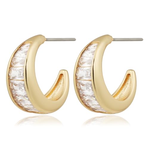 Image of Obidos 14K Gold Plated chunky hoops | Thick Huggie Earrings | Open Hoop Earrings, Baguette Cubic Zirconia Hoops