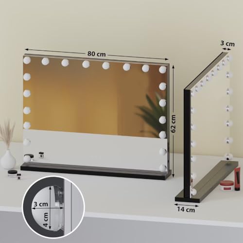 SensaHome Vanity Mirror Pro - Espejo de Maquillaje Estilo Hollywood con 15 Luces LED Regulables - 3 Modos de Luz - 80x60cm - Negro - imagen 2