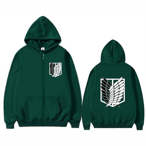 Image of Satdflie Attack on Titan Casual Outdoor Anime Zipper Hoodie Fashion Popular Long Sleeve Unisex Jacket Japanese Harajuku Y2k Streetwear Printed Cosplay Sweatshirts, Green, S