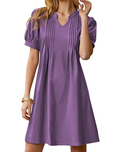 Image of Summer Dresses for Women 2025 Shift Dress V Neck Puff Short Sleeve T Shirt Dress Women's Casual Dresses Sundress
