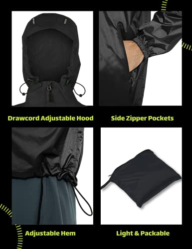Demozu Men's Lightweight Running Cycling Rain Jacket Water Resistant Packable Hooded Bike Windbreaker Jacket, Black, L #TOP4