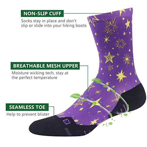 Huso Men Comfort Performance Ultralight Cool Dry Fit Athletic Hiking Cycling Crew Socks, Novelty Funky Crazy Painted Socks For Fashion Women Girls 4 Pairs (Purple, Red, Black, Colorful) #TOP1