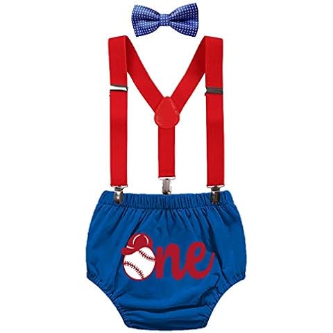 FMYFWY Baby Boys 1st Birthday Outfits Baseball Themed Cake Smash Photo Shoot Set Bloomers Diaper Cover Suspender Bow Tie Blue Cover